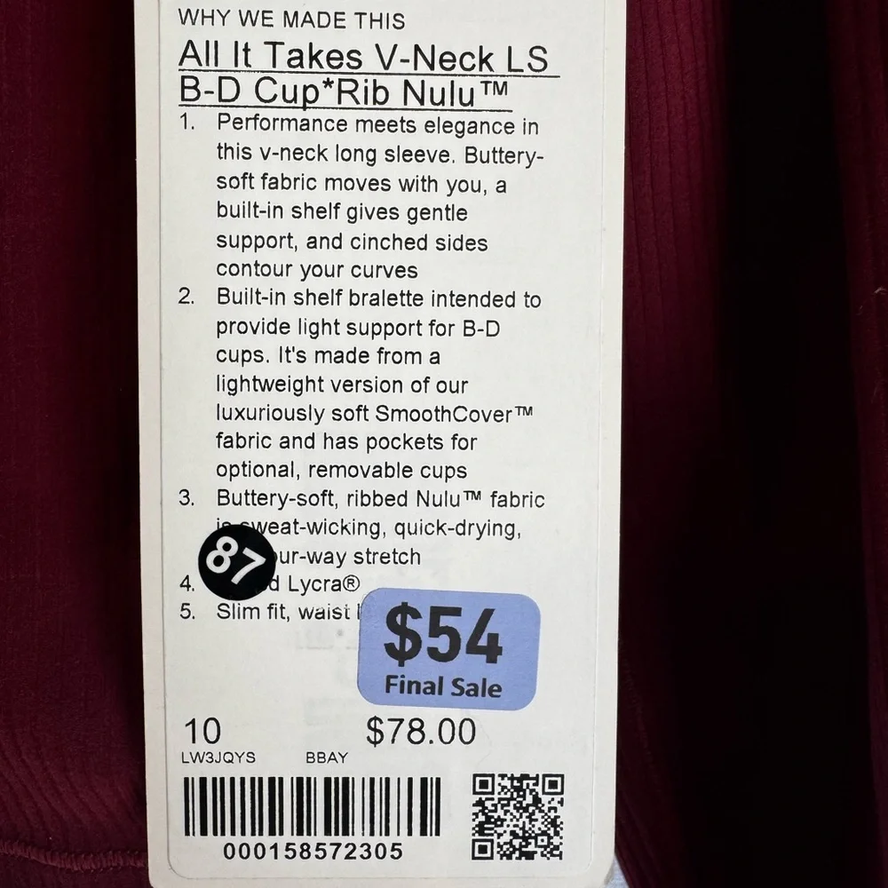 Lululemon All It Takes Ribbed V-neck LS B-D cup Nulu. Burgundy Bay size 10